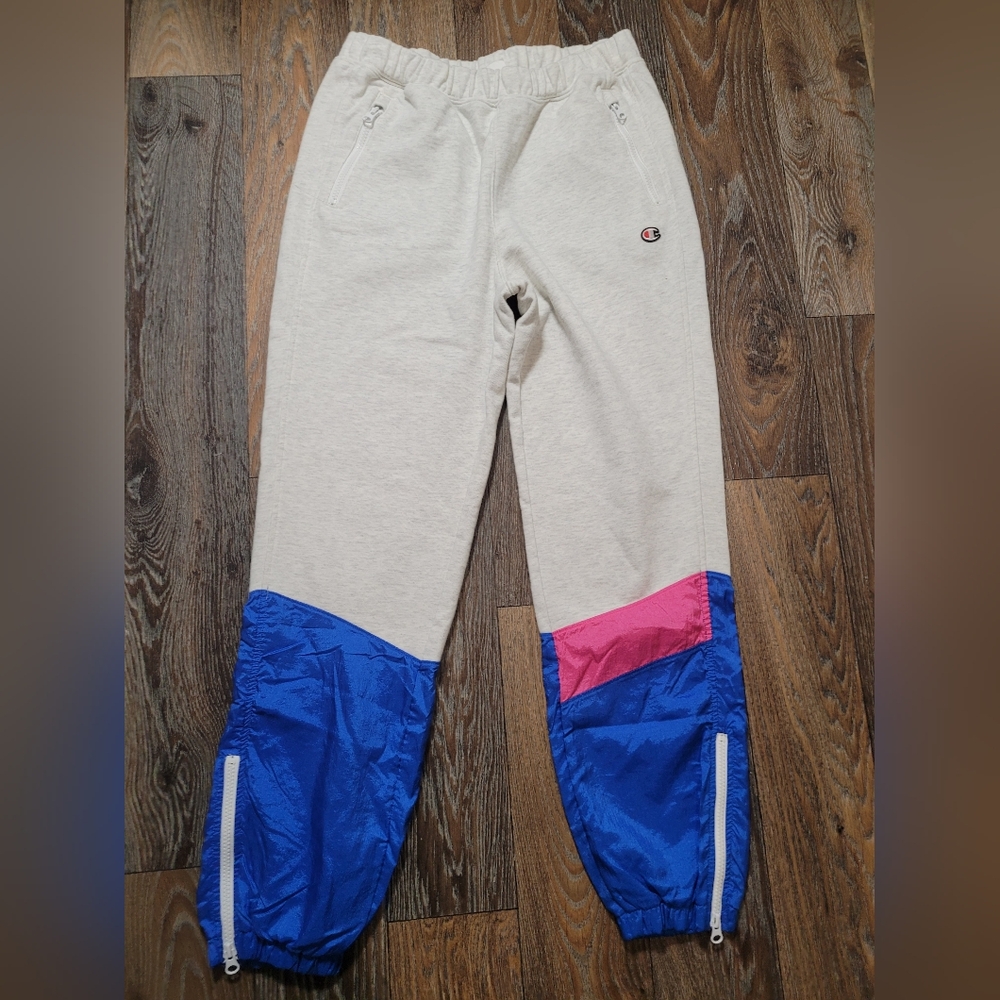 Vintage Champion Womens Medium Mixed Media Sweatpants Color Block Retro Pants